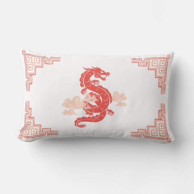 Coral Peach Chinoiserie Dragon and Clouds Lumbar Cushion (Front)