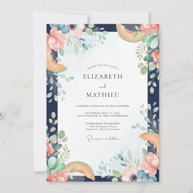 Coral Peach Citrus Eucalyptus Wedding Invitation (Front)