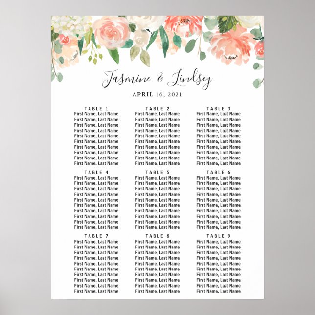 Coral Peach Floral 9 Tables Wedding Seating Chart (Front)