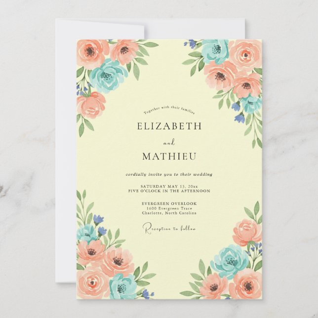 Coral Peach Floral Bloom Wedding Invitation (Front)