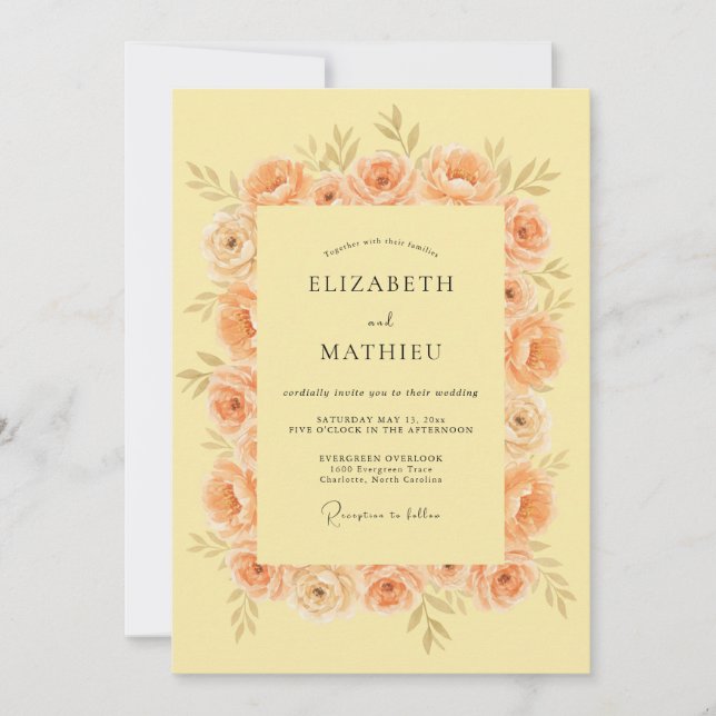 Coral Peach Floral Blossom Wedding Invitation (Front)