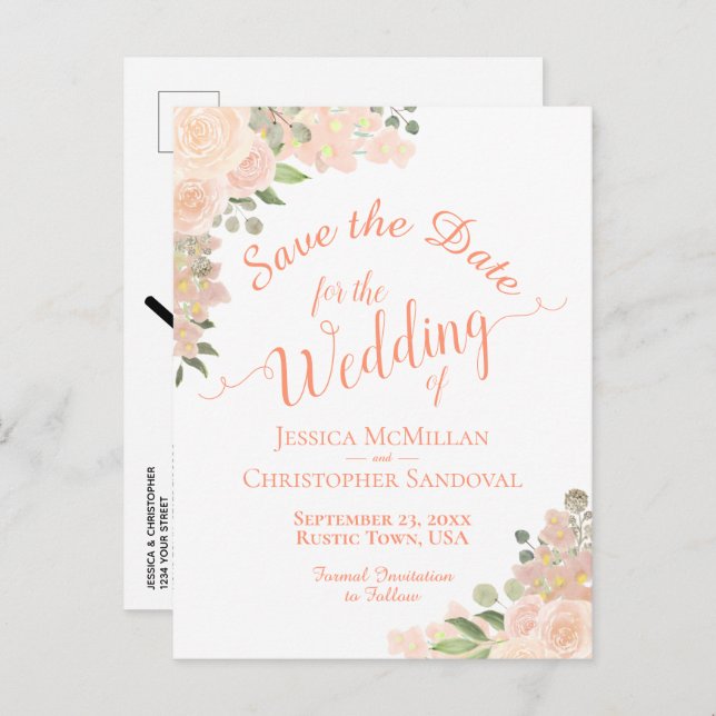 Coral Peach Floral Boho Wedding Save the Date Announcement Postcard (Front/Back)