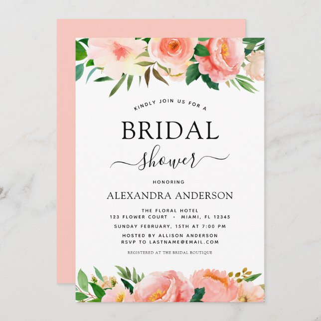 Coral Peach Floral Bridal Shower Greenery Invitation (Front/Back)
