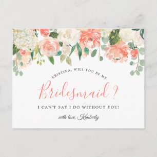 Coral Peach Floral Bridesmaid Proposal Postcard