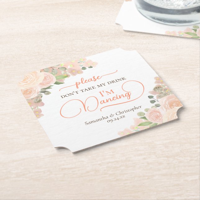 Coral Peach Floral Don't Take My Drink Wedding Paper Coaster (Angled)