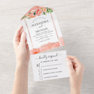Coral Peach Floral Flowers Wedding RSVP All In One Invitation