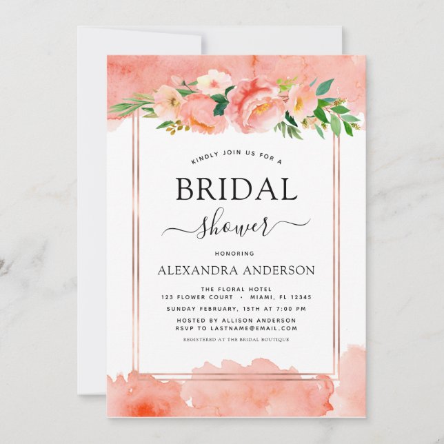 Coral Peach Floral Geometric Bridal Shower Invitation (Front)