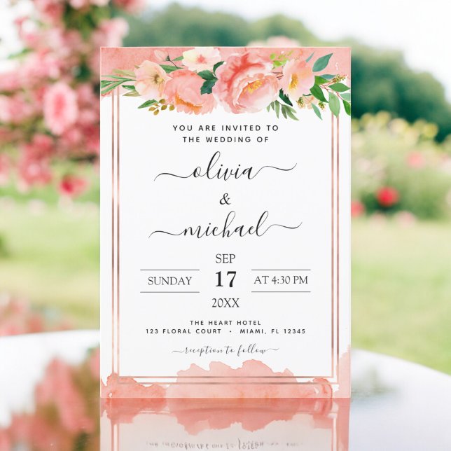 Coral Peach Floral Geometric Wedding Invitation (Creator Uploaded)