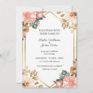 Coral Peach Floral Gold Wedding Invitation