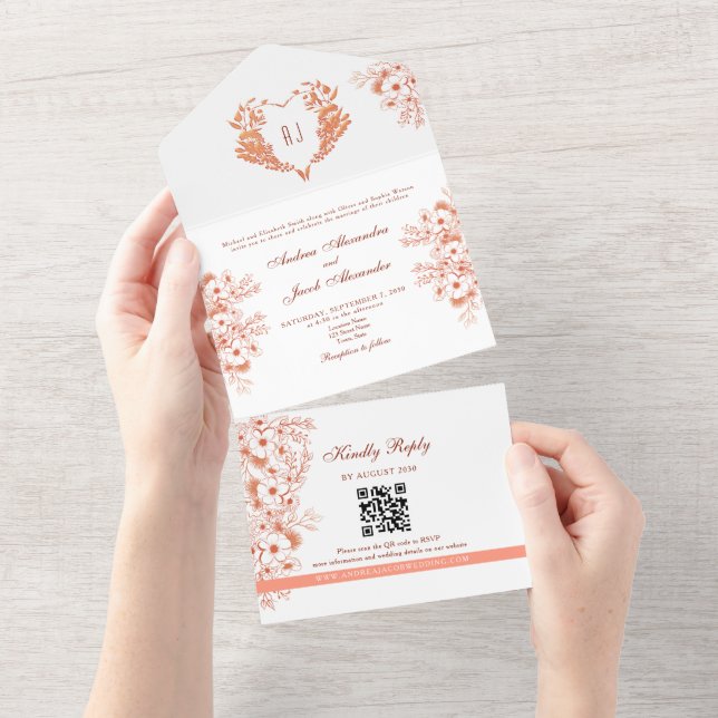 Coral Peach Floral Monogram Wedding All In One Invitation (Tearaway)