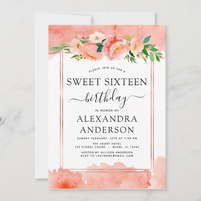 Coral Peach Floral Sweet Sixteen 16 Birthday Invitation (Front)