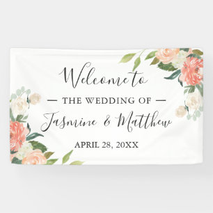 Coral Peach Floral Wedding Celebration Party Banner