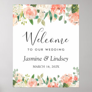 Coral Peach Floral Wedding Welcome Sign
