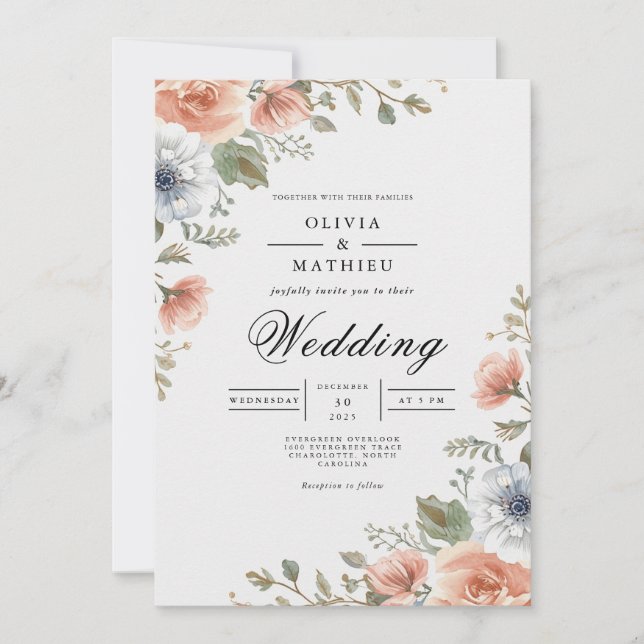 Coral Peach Floral Whimsy Wedding Invitation (Front)