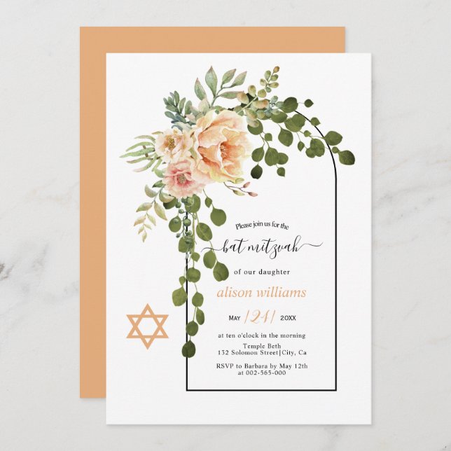 Coral peach flowers and arch floral Bat Mitzvah Invitation (Front/Back)