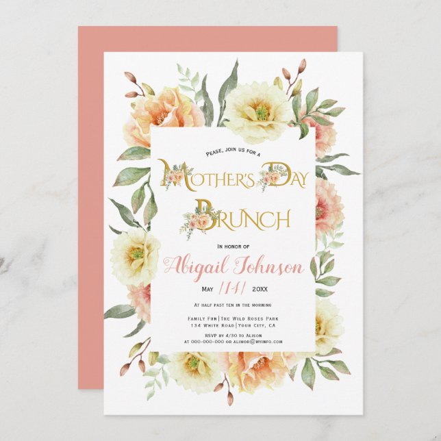 Coral peach flowers Mothers Day brunch  Invitation (Front/Back)