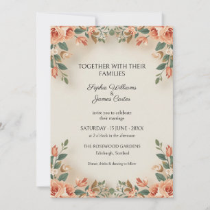 Coral Peach Folk Floral Wedding Invitation