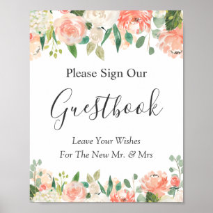 Coral Peach Garden Floral Wedding Guestbook Sign