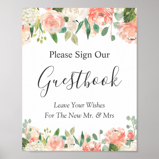 Coral Peach Garden Floral Wedding Guestbook Sign (Front)