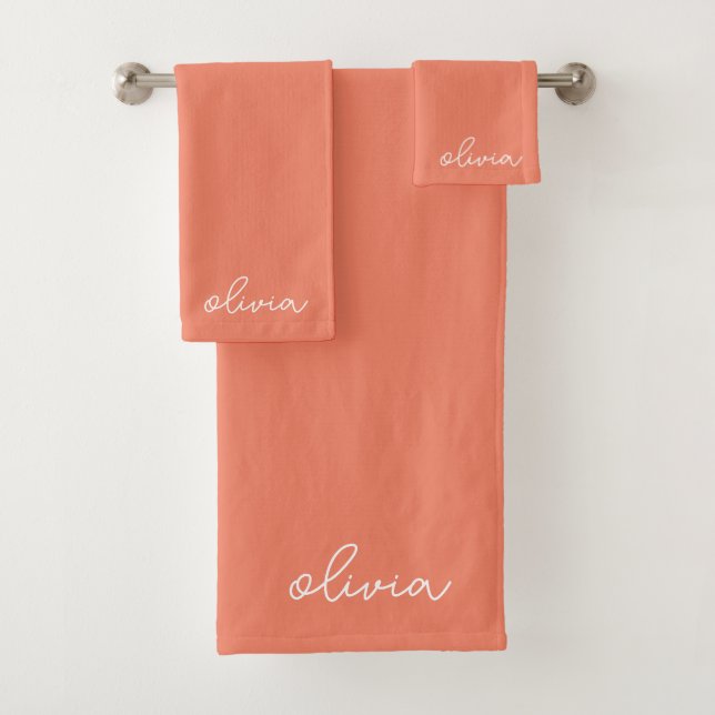 Coral Peach Girly Monogram Name  Bath Towel Set (Insitu)