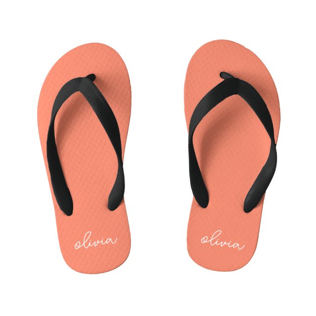 Coral Peach Girly Monogram Name  Kid's Jandals (Footbed)