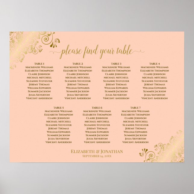 Coral Peach & Gold 7 Table Wedding Seating Chart (Front)