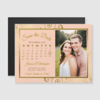 Coral Peach & Gold Calendar Photo Save Date Magnet