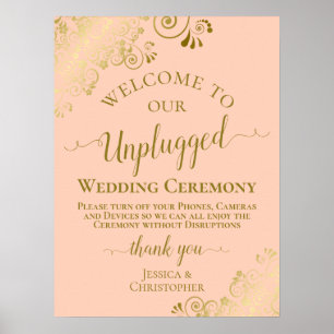 Coral Peach & Gold Chic Unplugged Wedding Ceremony Poster