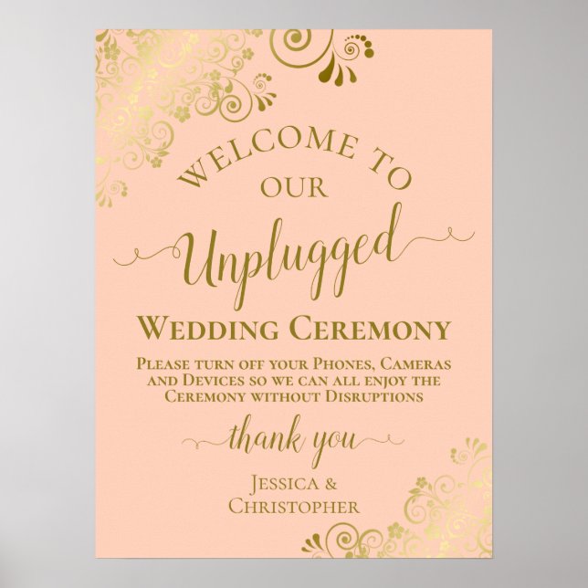 Coral Peach & Gold Chic Unplugged Wedding Ceremony Poster (Front)