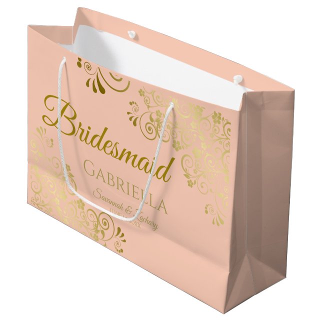 Coral Peach & Gold Lace Elegant Bridesmaid Large Gift Bag (Front Angled)
