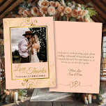 Coral Peach & Gold Love Thanks Photo Note Wedding Thank You Card<br><div class="desc">These beautiful coral peach & gold coloured wedding thank you cards feature your photo in a faux foil golden frame surrounded by ornate golden curls and swirls. The caption reads: Love and Thanks, with your names below. The back as a romantic linked hearts graphic along with a custom note and...</div>
