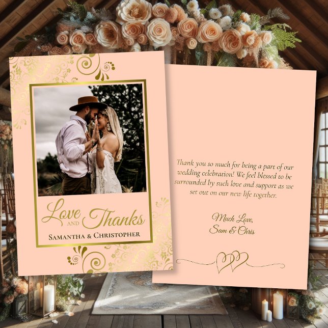 Coral Peach & Gold Love Thanks Photo Note Wedding Thank You Card (Front/Back)