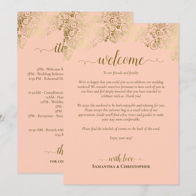 Coral Peach & Gold Wedding Welcome & Itinerary Programme (Front/Back)