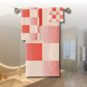 Coral Peach Gradient Chequered Bath Towel Set