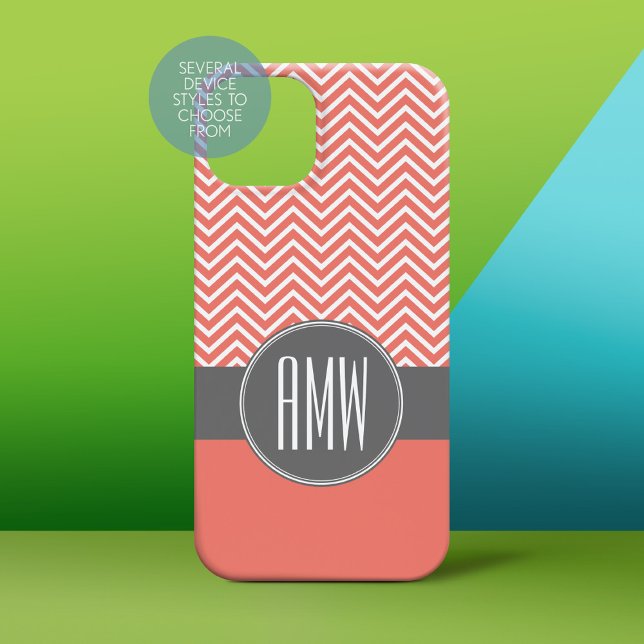 Coral Peach Grey Chevrons Custom Triple Monogram (Personalized Phone Case)