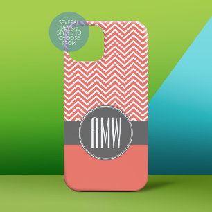 Coral Peach Grey Chevrons Custom Triple Monogram Case-Mate iPhone 14 Case