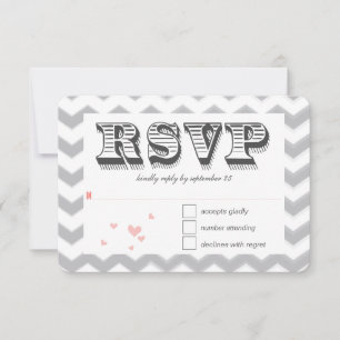 Coral Peach Grey Zig Zag Typography Wedding RSVP Invitation