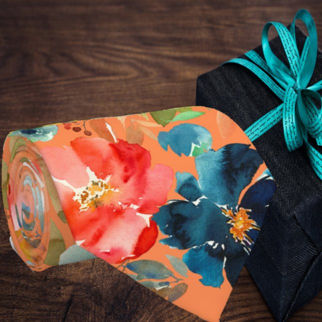 Coral Peach Indigo Navy Blue Roses Floral Neck Tie (Creator Uploaded)