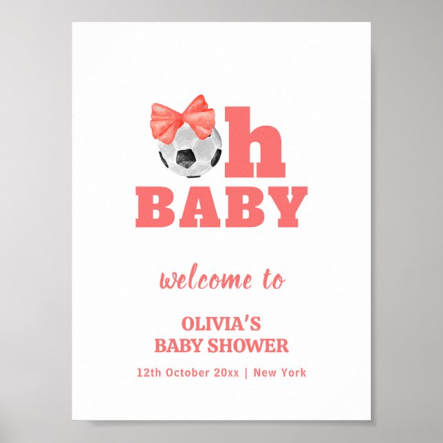 Coral Peach Oh Baby Bow Soccer Baby Shower Welcome Poster (Front)