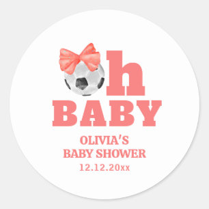 Coral Peach Oh Baby Bow Soccer Sport Baby Shower Classic Round Sticker