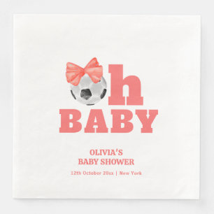 Coral Peach Oh Baby Bow Soccer Sport Baby Shower Napkin