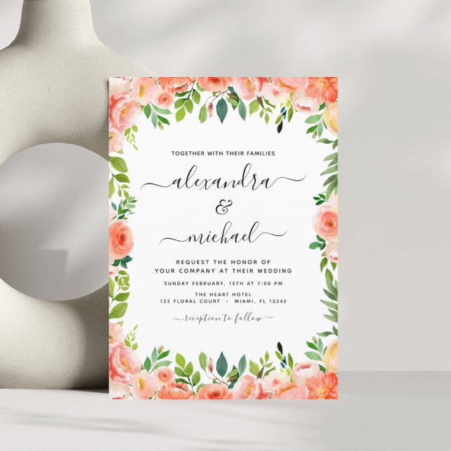 Coral Peach Photo Floral Greenery Wedding Invitation (Creator Uploaded)