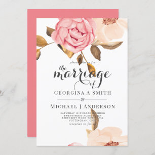Coral Peach Pink Gold Floral Wedding Invitations