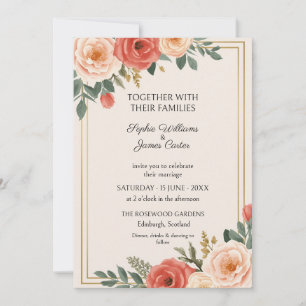 Coral Peach Rose Gold Frame Wedding Invitation