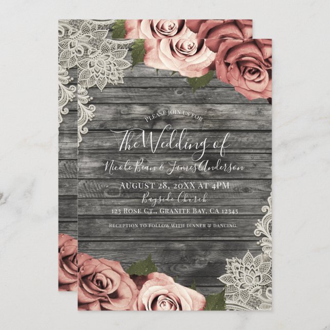 Coral Peach Roses Grey Rustic Wood Lace Wedding Invitation (Front/Back)