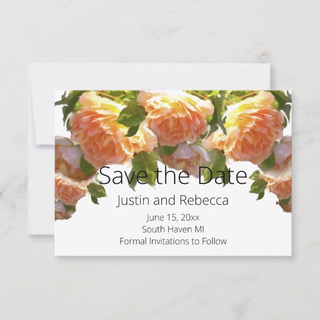 Coral peach roses, orange floral  save the date (Front)