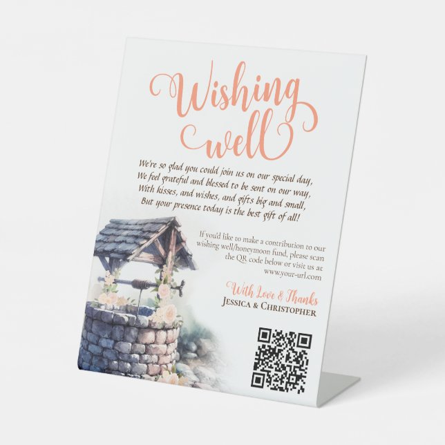 Coral Peach Roses Wedding Wishing Well QR Code Pedestal Sign (Front)