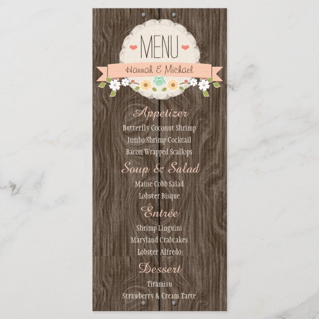 Coral Peach Rustic Floral Wedding Menu Card (Front)