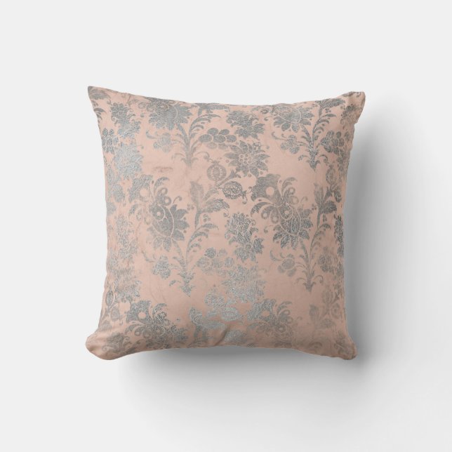 Coral Peach Salmon Grey Blush Silver Rose Floral Cushion (Front)