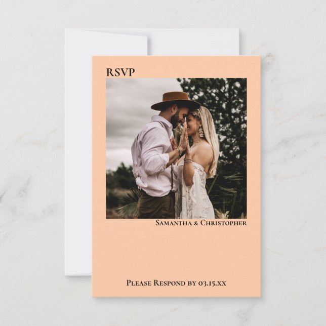 Coral Peach Simple Minimalist Photo Wedding RSVP Card (Front)